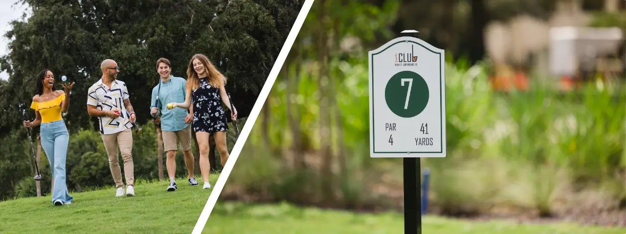 Joyful people of all ages enjoying a game at a park golf course, each playing at One Club.